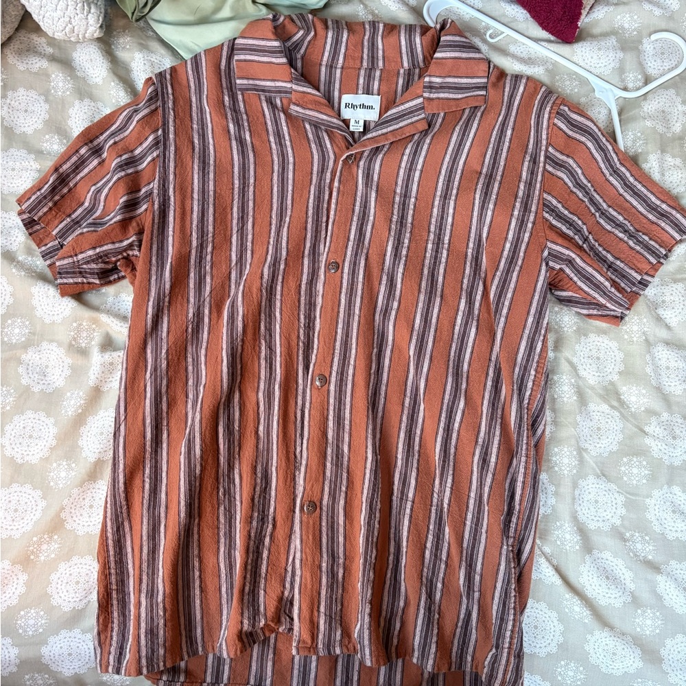 Rhythm Men's Striped Orange and White Casual Shirt
